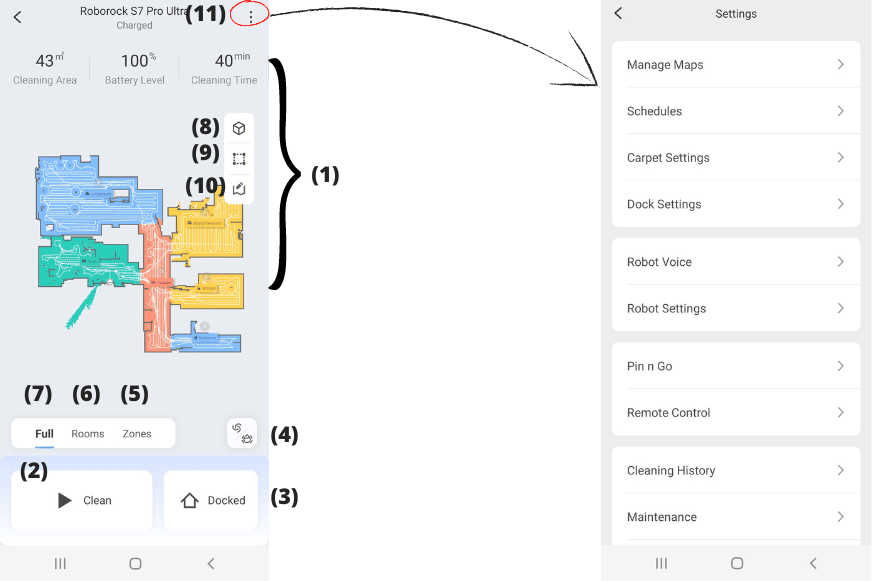 Можно увидеть многочисленные функции и настройки мобильного приложения Roborock.